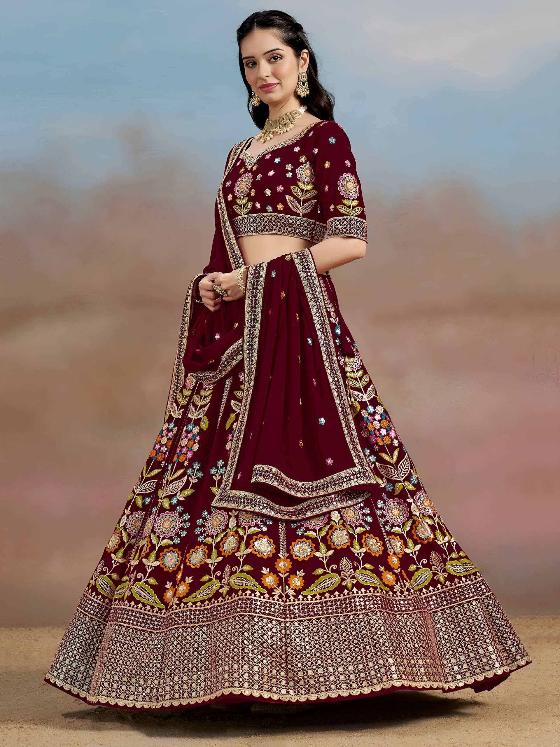 Regal Maroon Multicolor with Floral and Georgette fabric with Embroidered Lehenga Choli 6008 Maroon 